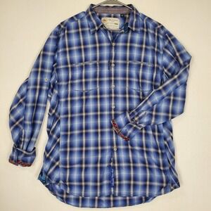Robert Graham Men's Shirt XL Blue Plaid Button Up Roll Tab Sleeve Slim